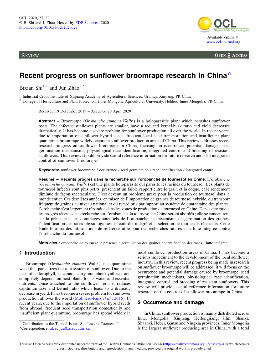 Recent Progress on Sunflower Broomrape Research in China