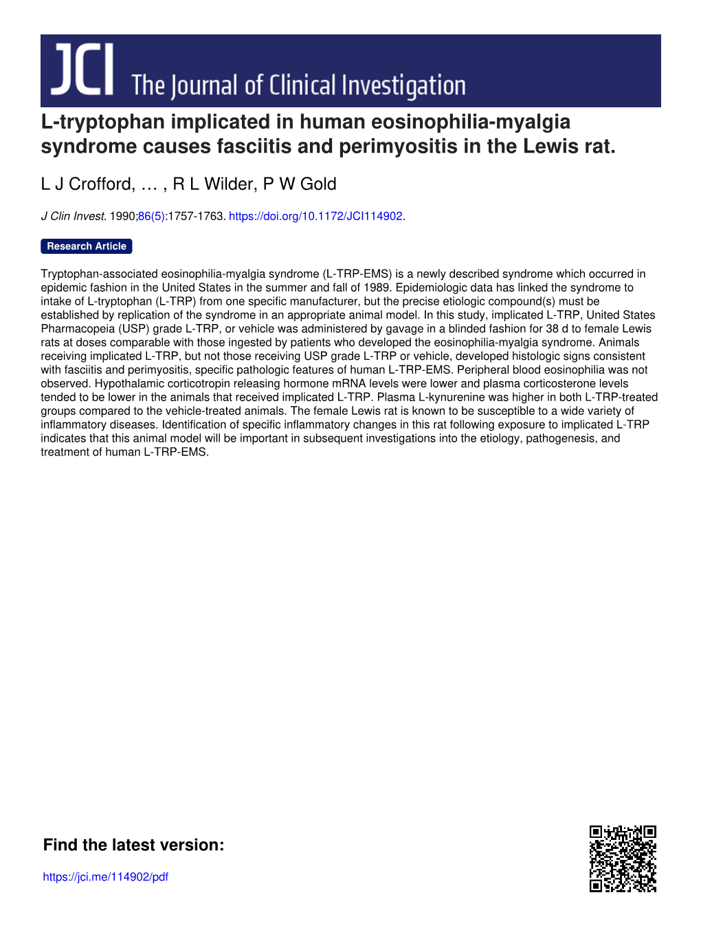 L-Tryptophan Implicated in Human Eosinophilia-Myalgia Syndrome Causes Fasciitis and Perimyositis in the Lewis Rat