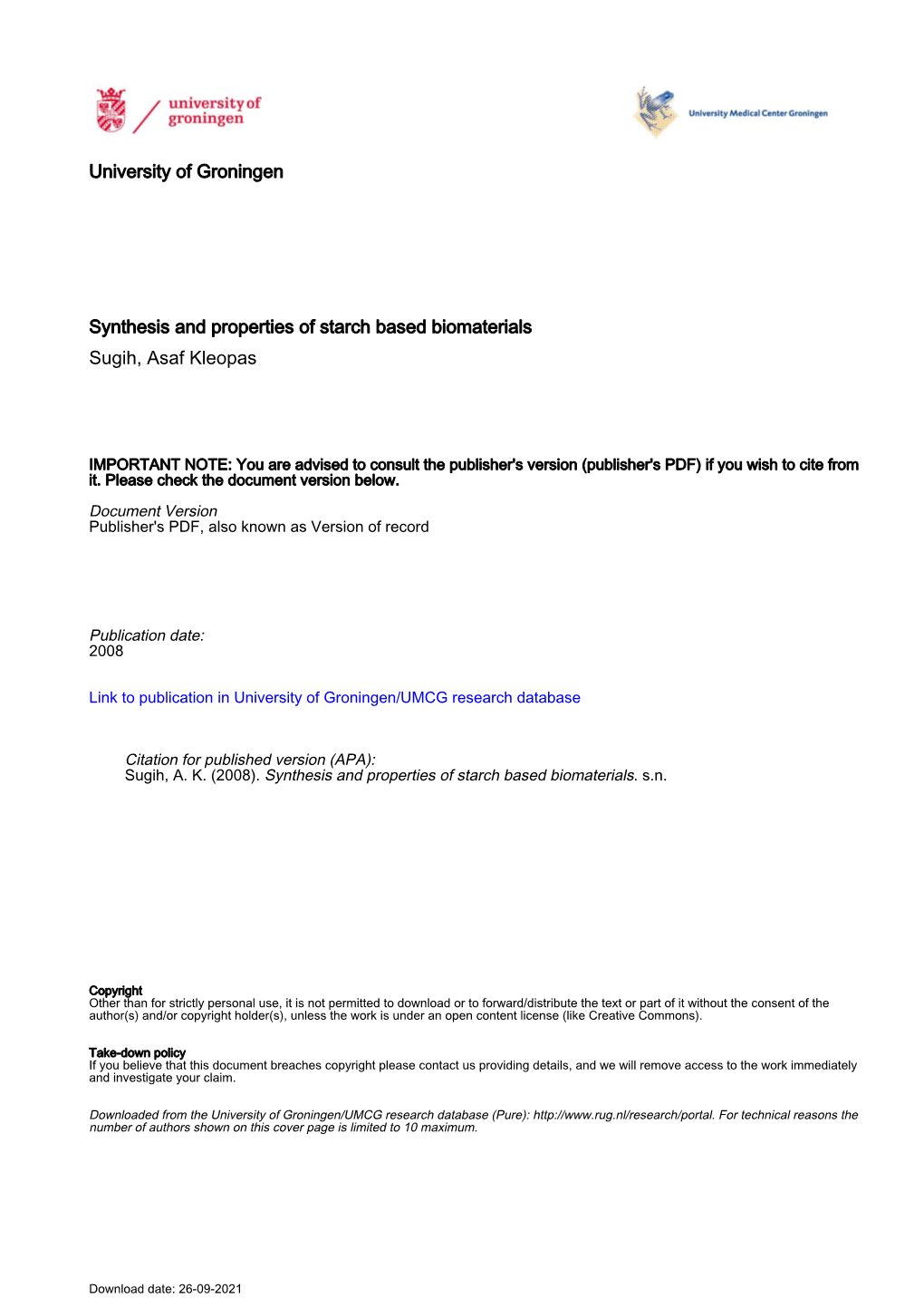 University of Groningen Synthesis and Properties of Starch Based