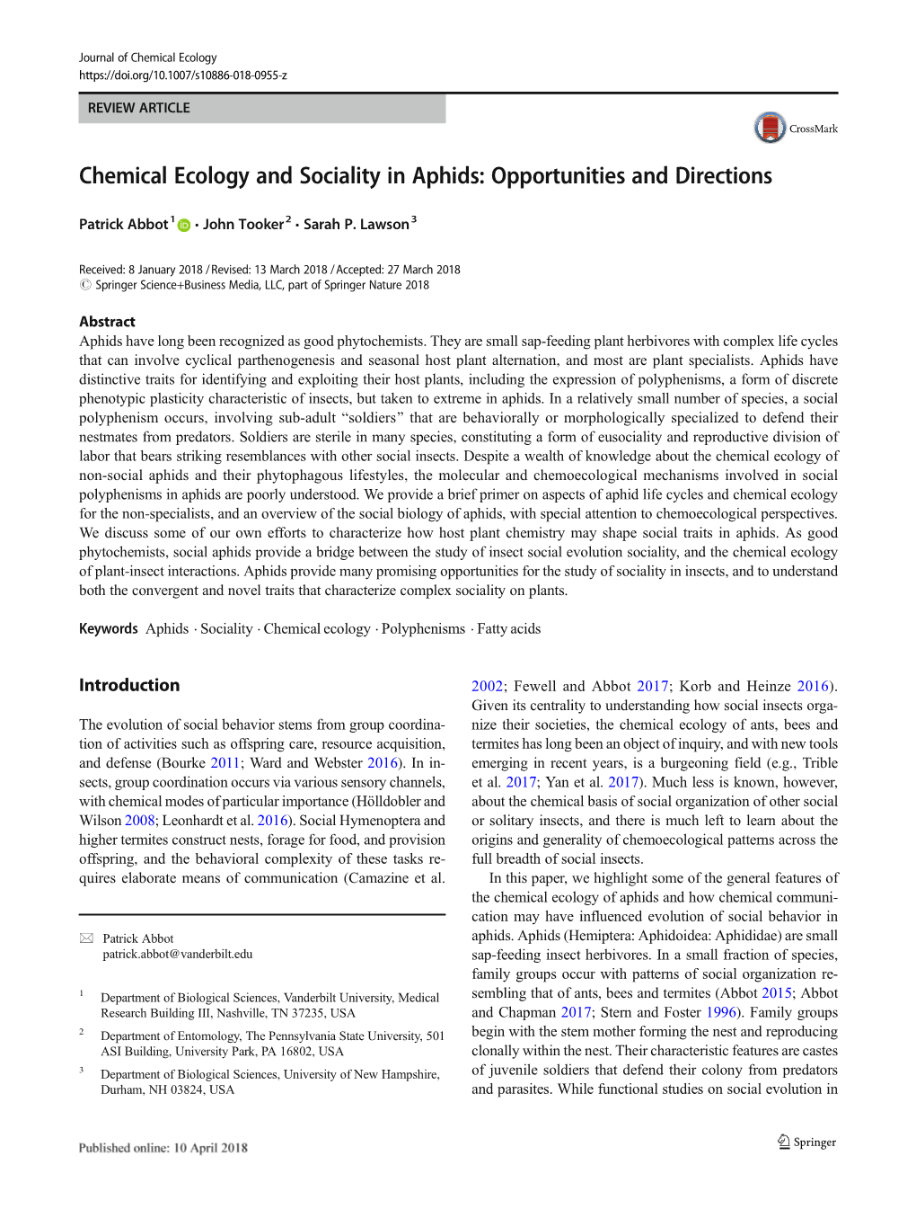 Chemical Ecology and Sociality in Aphids: Opportunities and Directions