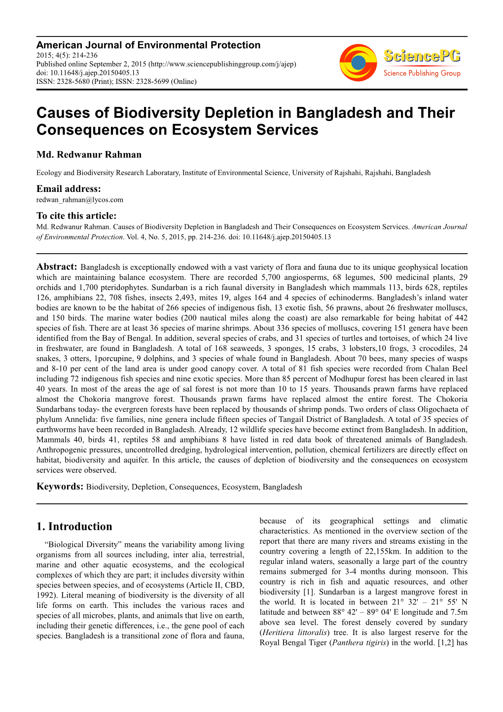 Causes of Biodiversity Depletion in Bangladesh and Their Consequences on Ecosystem Services