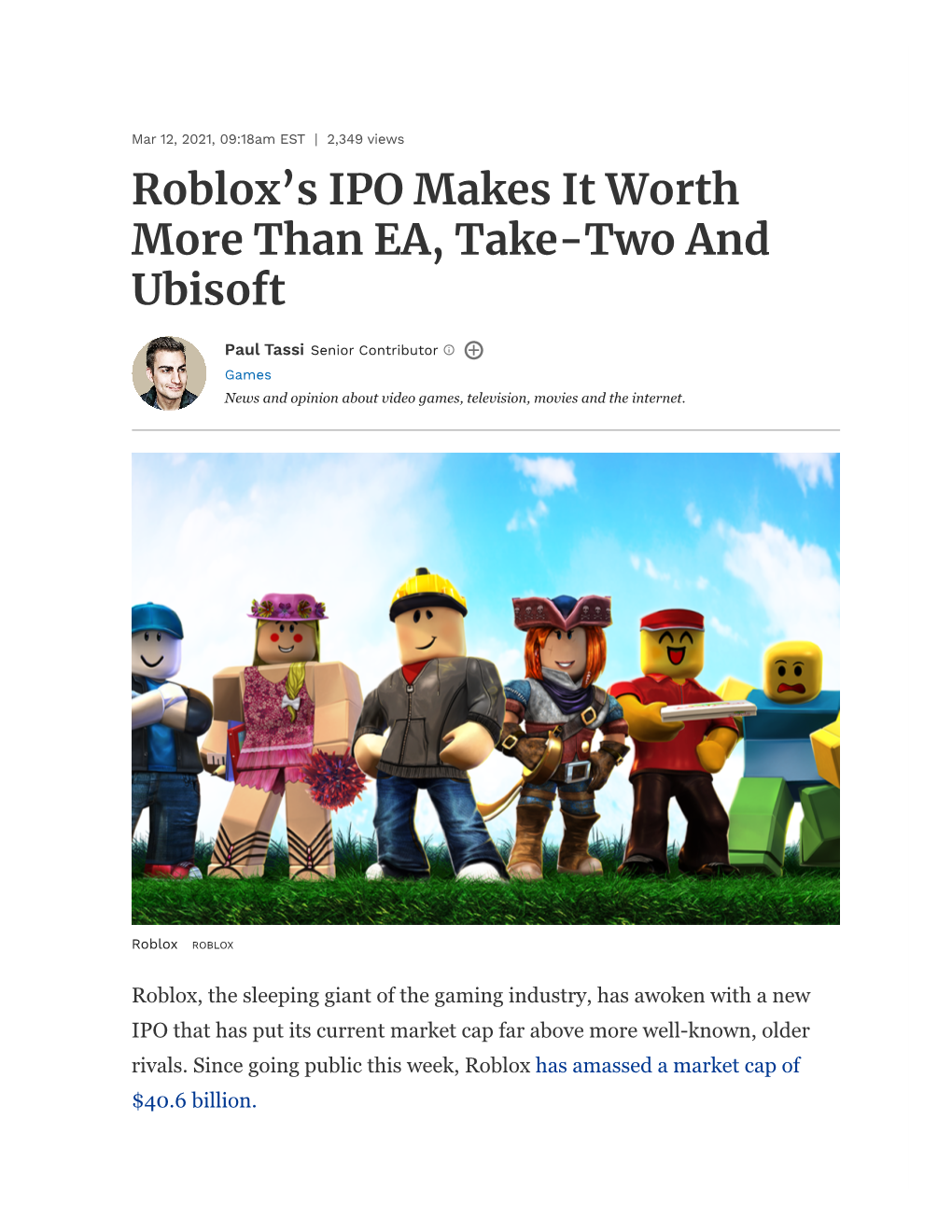 Roblox's IPO Makes It Worth More Than EA, Take-Two and Ubisoft