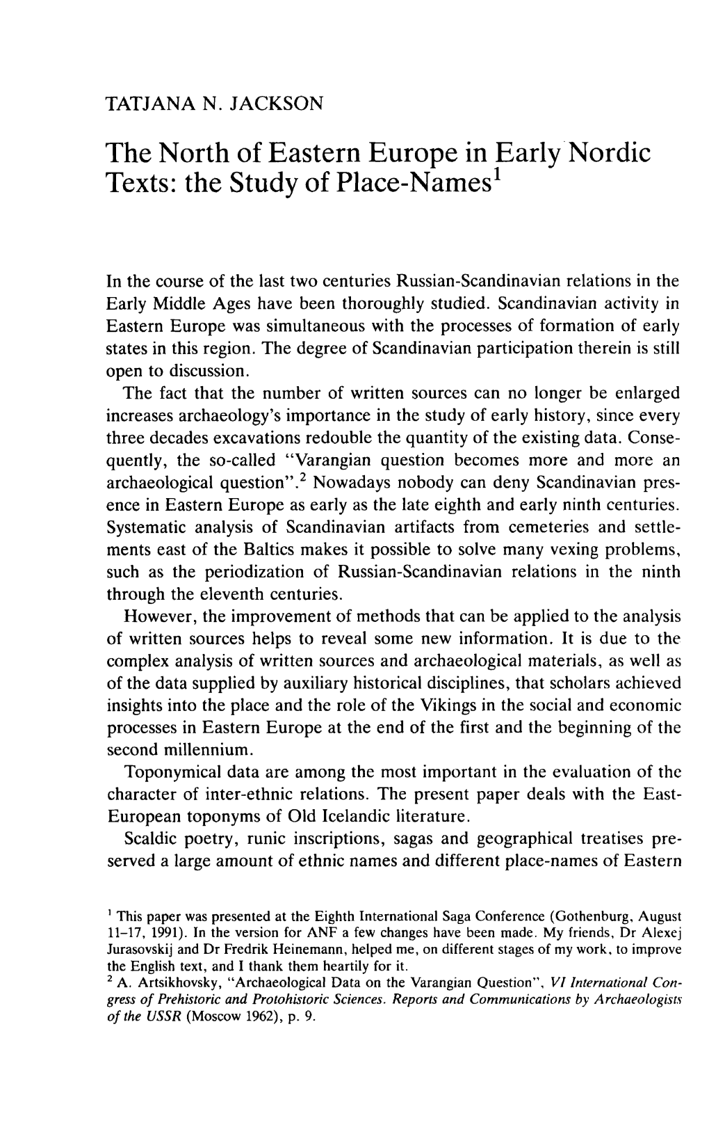 The North of Eastern Europe in Early Nordic Texts: the Study of Place-Names 1