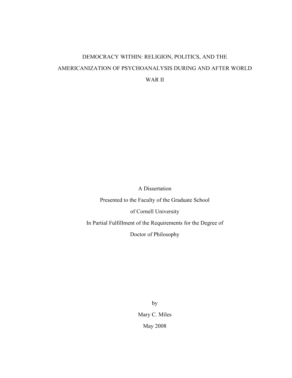 Democracy Within: Religion, Politics, and the Americanization of Psychoanalysis During and After World War Ii