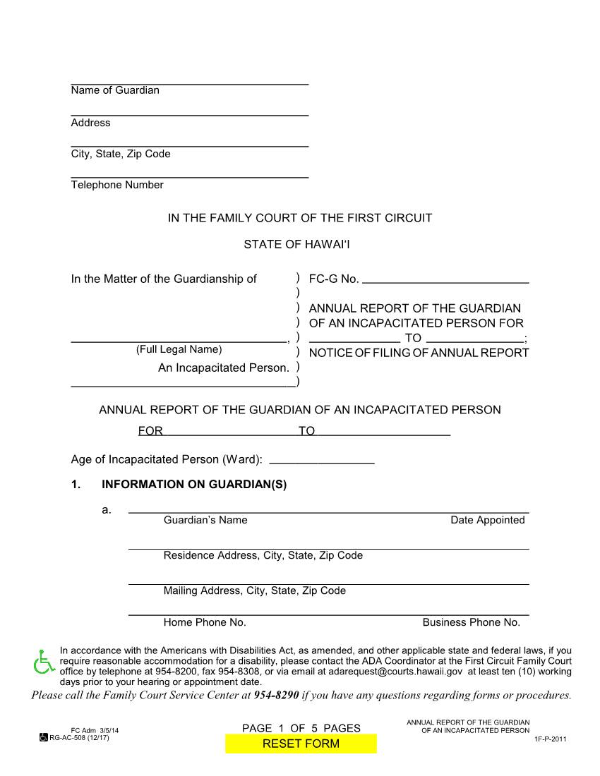 Annual Report of the Guardian of an Incapacitated Person; Notice of Filing of Annual Report