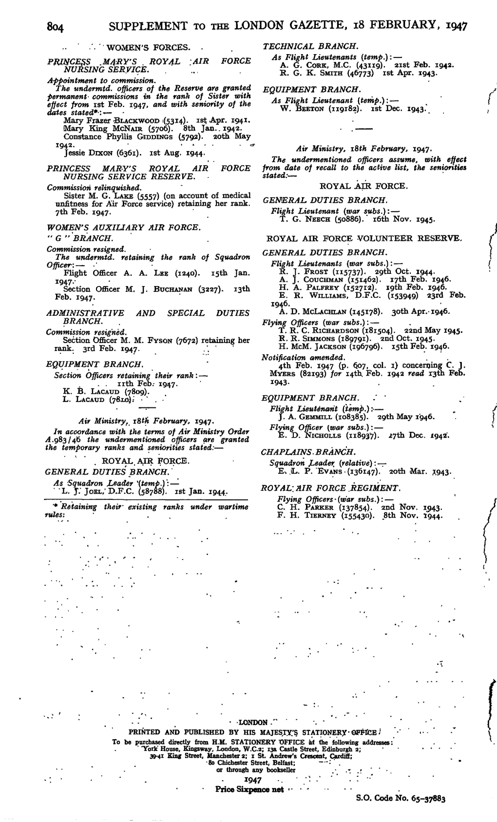 Supplement to the London Gazette, 18 February, 1947