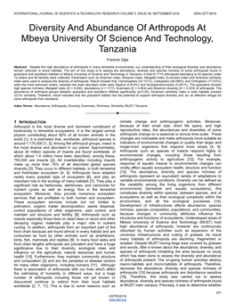 Diversity and Abundance of Arthropods at Mbeya University of Science and Technology, Tanzania