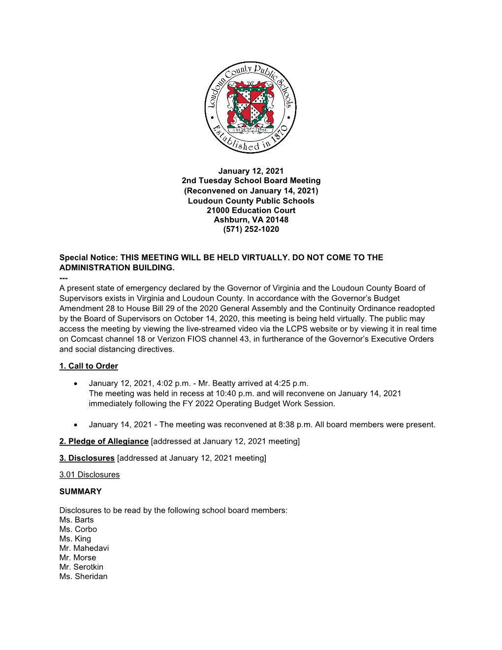 January 12, 2021 2Nd Tuesday School Board Meeting