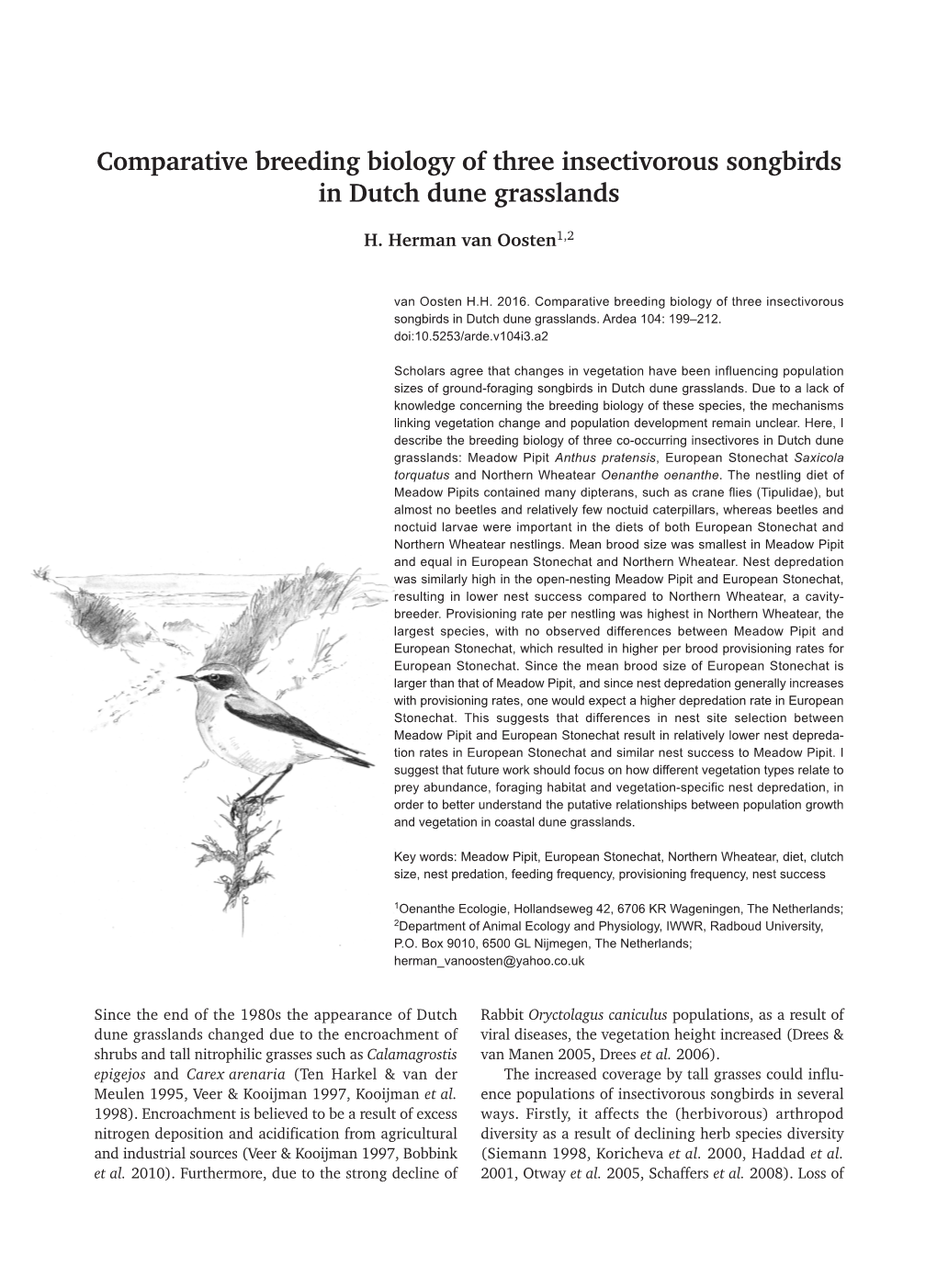 Comparative Breeding Biology of Three Insectivorous Songbirds in Dutch Dune Grasslands