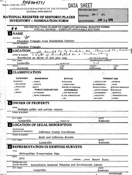 DATA SHEET | UNITED STATES DEPARTMENT of the INTERIOR J NATIONAL PARK SERVICE RATIONAL REGISTER of HISTORIC PLACES 1 INVENTORY-NOMINATION FORM