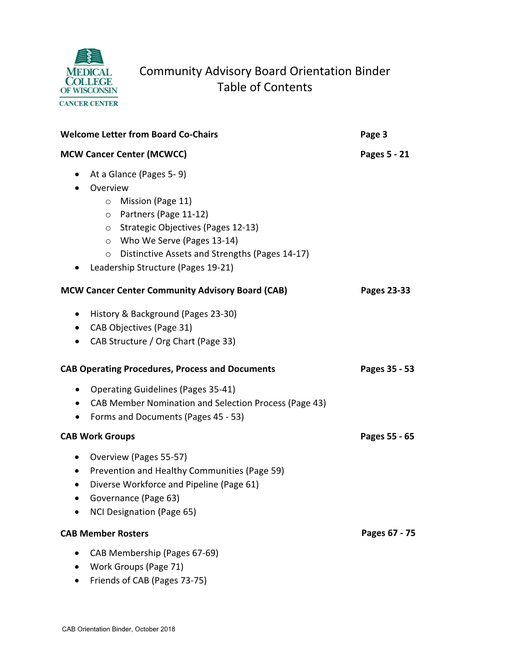 Community Advisory Board Orientation Binder Table of Contents