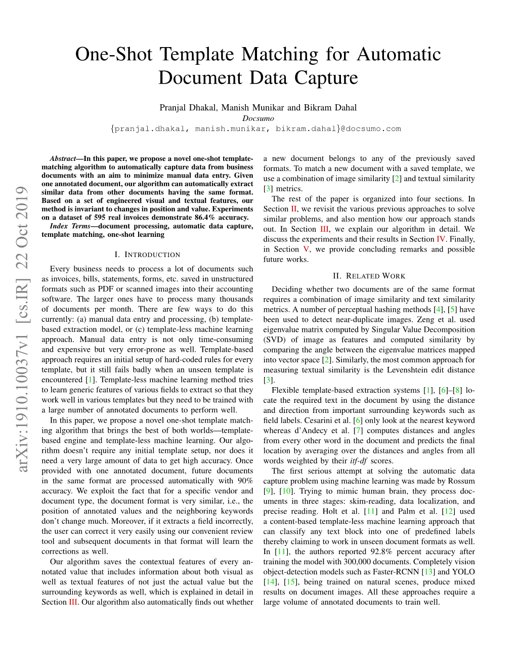 One-Shot Template Matching for Automatic Document Data Capture