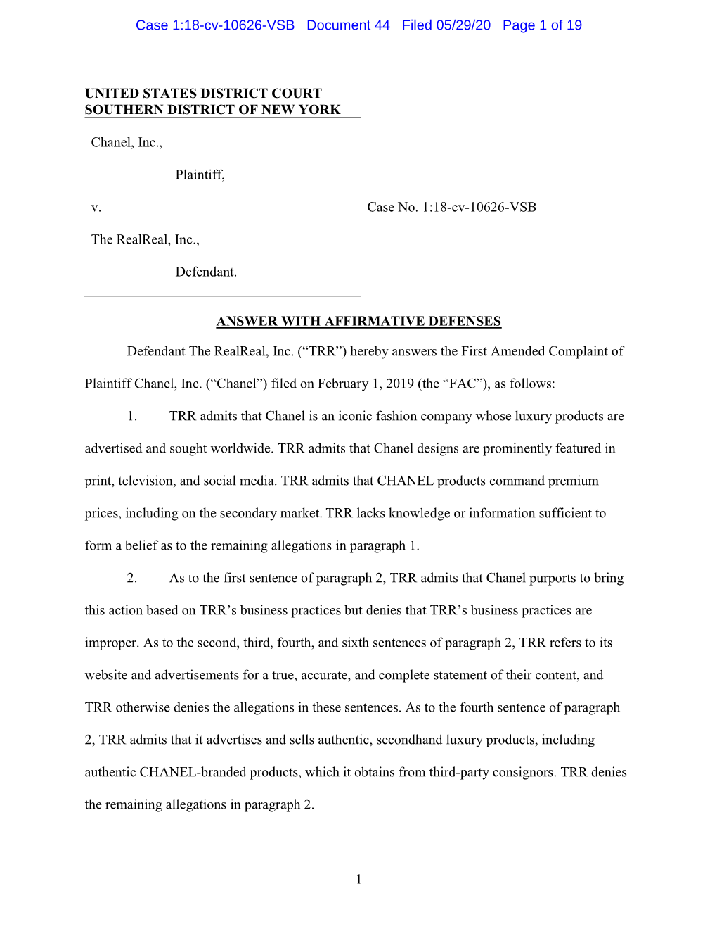 Case 1:18-Cv-10626-VSB Document 44 Filed 05/29/20 Page 1 of 19