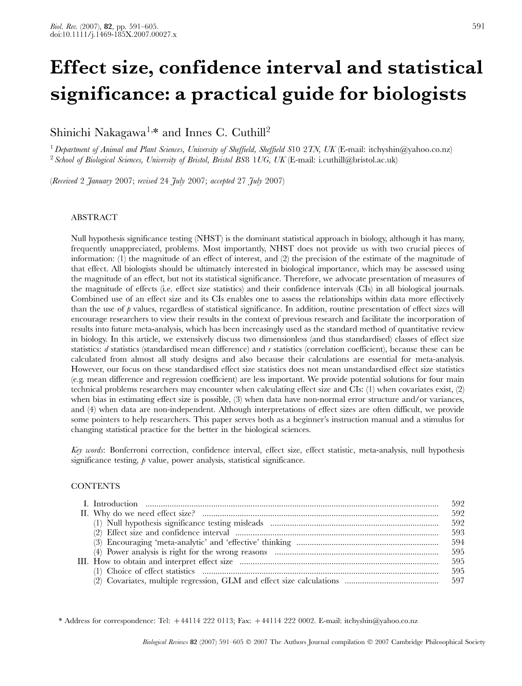 Effect Size, Confidence Interval and Statistical Significance: a Practical Guide for Biologists