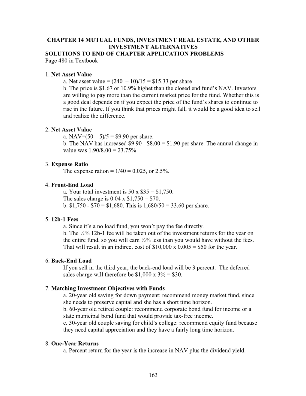 Chapter 14 Mutual Funds, Investment Real Estate, and Other Investment Alternatives