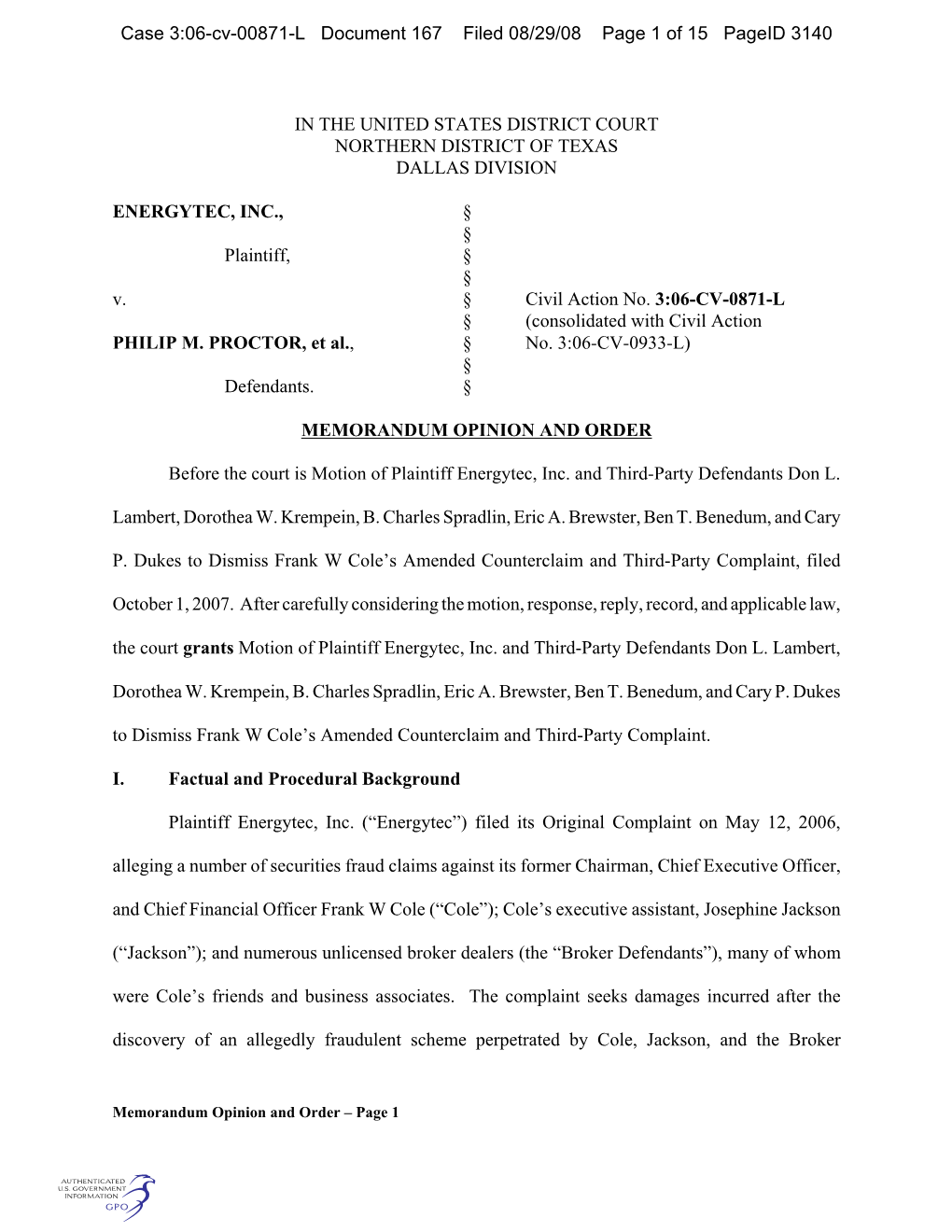 Case 3:06-Cv-00871-L Document 167 Filed 08/29/08 Page 1 of 15 Pageid 3140