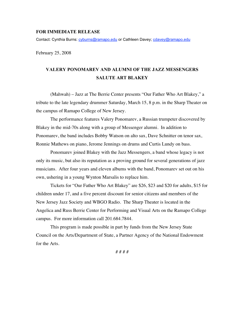 FOR IMMEDIATE RELEASE February 25, 2008