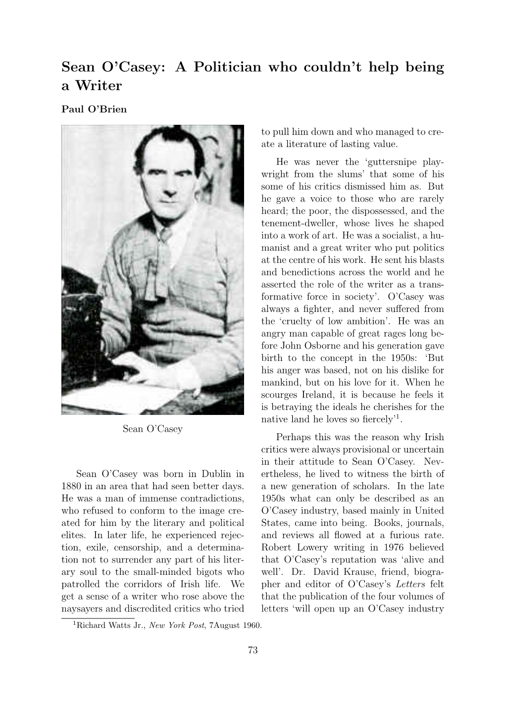 Sean O'casey: a Politician Who Couldn't Help Being a Writer