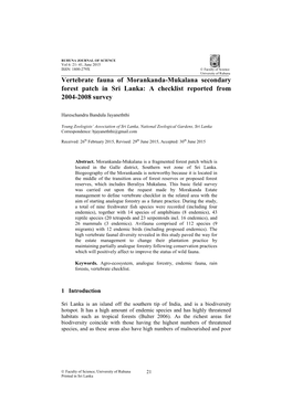 Vertebrate Fauna of Morankanda-Mukalana Secondary Forest Patch in Sri Lanka: a Checklist Reported from 2004-2008 Survey