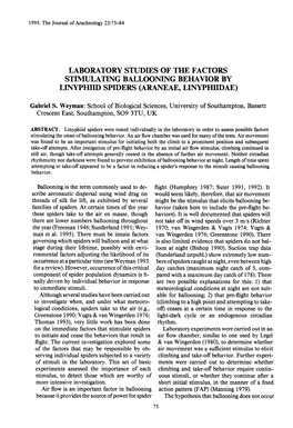 Laboratory Studies of the Factors Stimulating Ballooning Behavior by Linyphiid Spiders (Araneae, Linyphiidae)