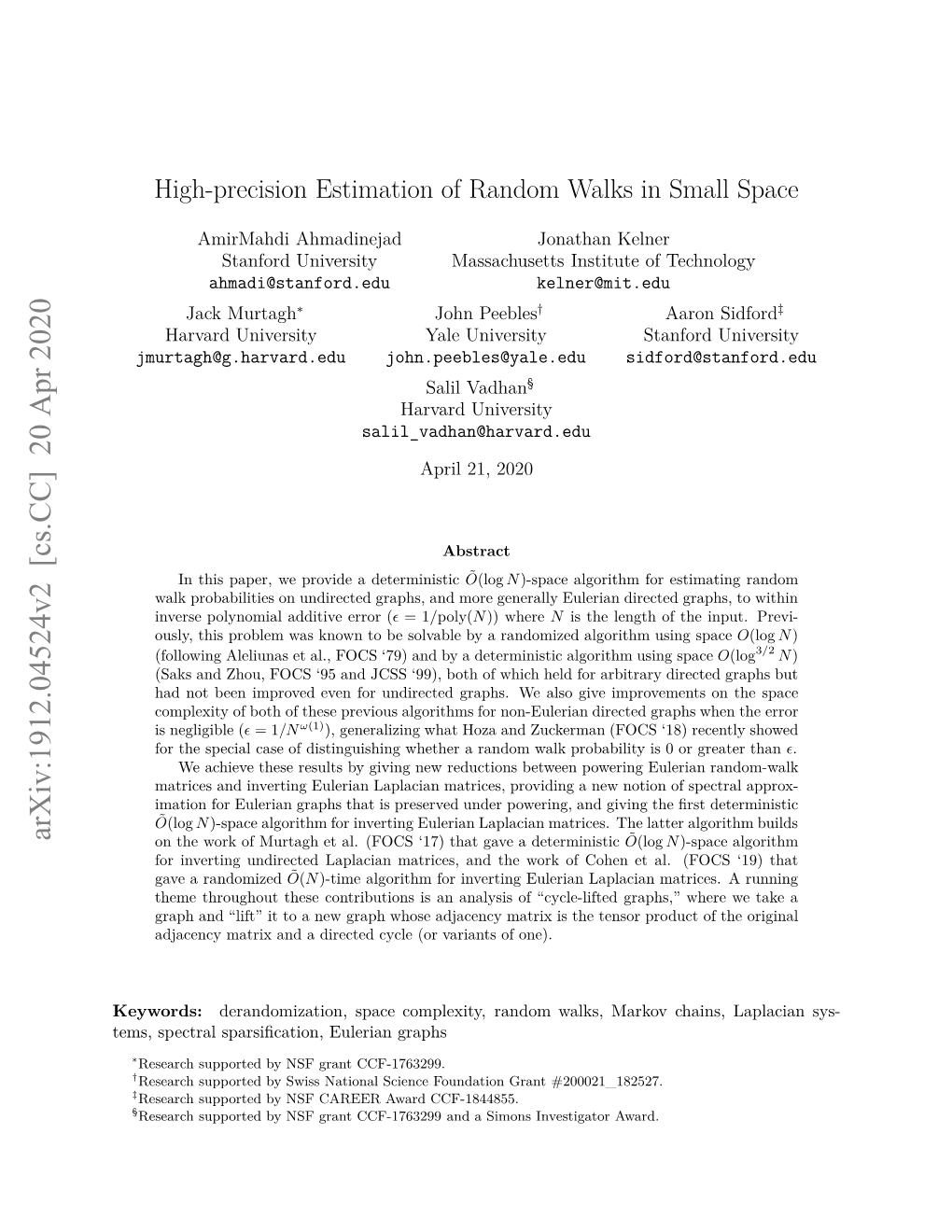 High-Precision Estimation of Random Walks in Small Space