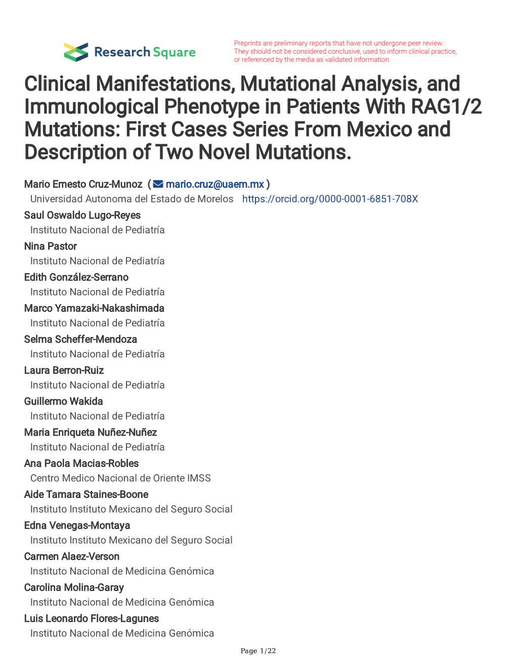 Clinical Manifestations, Mutational Analysis, and Immunological Phenotype in Patients with RAG1/2 Mutations