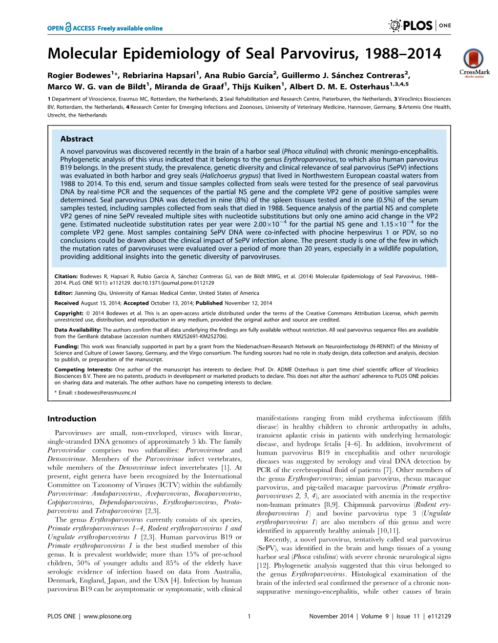 Molecular Epidemiology of Seal Parvovirus, 1988–2014