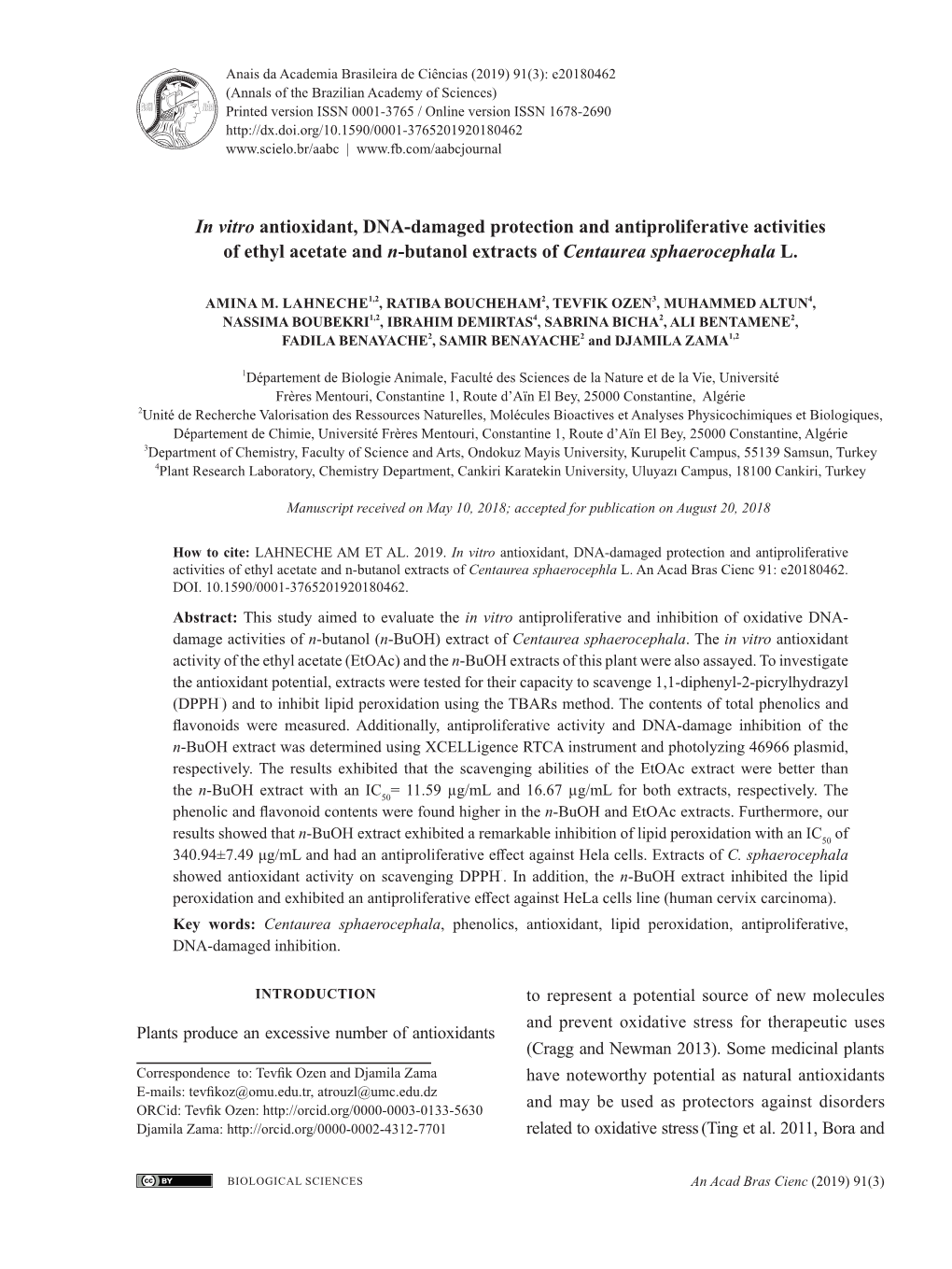 In Vitro Antioxidant, DNA-Damaged Protection and Antiproliferative Activities of Ethyl Acetate and N-Butanol Extracts of Centaurea Sphaerocephala L