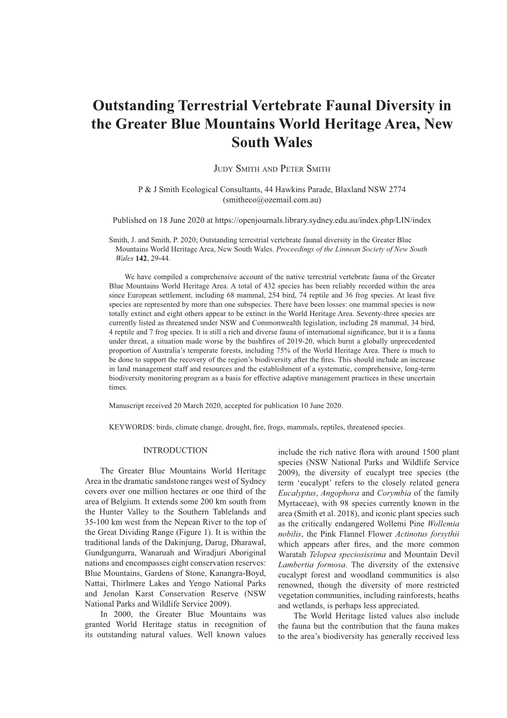 Outstanding Terrestrial Vertebrate Faunal Diversity in the Greater Blue Mountains World Heritage Area, New South Wales