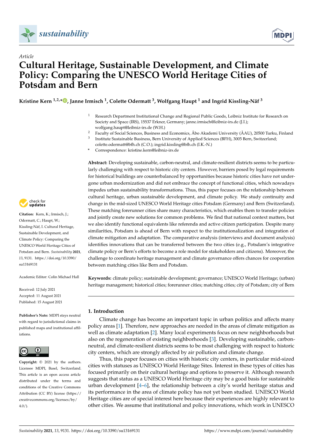 Cultural Heritage, Sustainable Development, and Climate Policy: Comparing the UNESCO World Heritage Cities of Potsdam and Bern