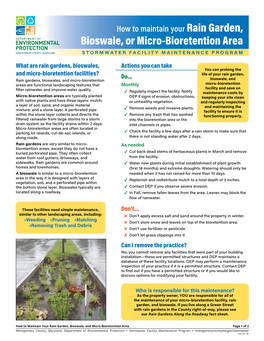 How to Maintain Your Rain Garden, Bioswale, Or Micro-Bioretention Area STORMWATER FACILITY MAINTENANCE PROGRAM