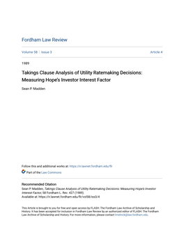 Takings Clause Analysis of Utility Ratemaking Decisions: Measuring Hope’S Investor Interest Factor