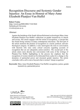 An Essay in Honour of Mary-Anne Elizabeth Plaatjies-Van Huffel
