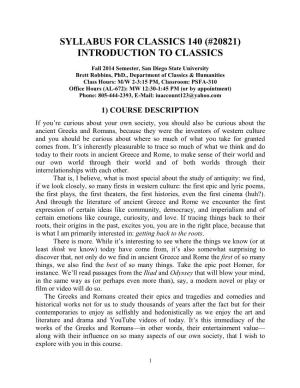 Syllabus for Classics 140 (#20821) Introduction to Classics