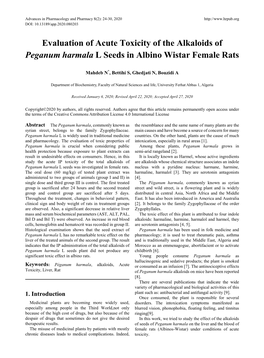 Evaluation of Acute Toxicity of the Alkaloids of Peganum Harmala L Seeds in Albino Wistar Female Rats