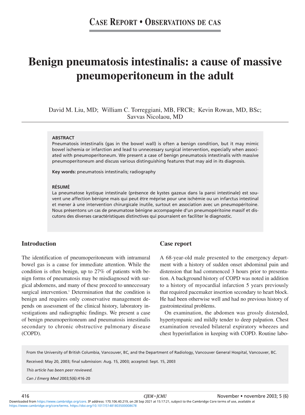 Benign Pneumatosis Intestinalis: a Cause of Massive Pneumoperitoneum in the Adult