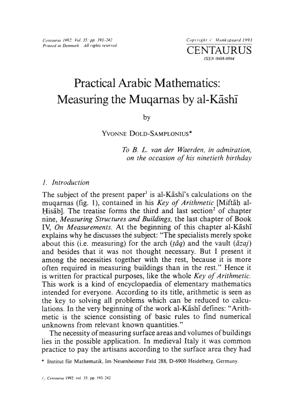 Practical Arabic Mathematics: Measuring the Muqarnas by Al-K