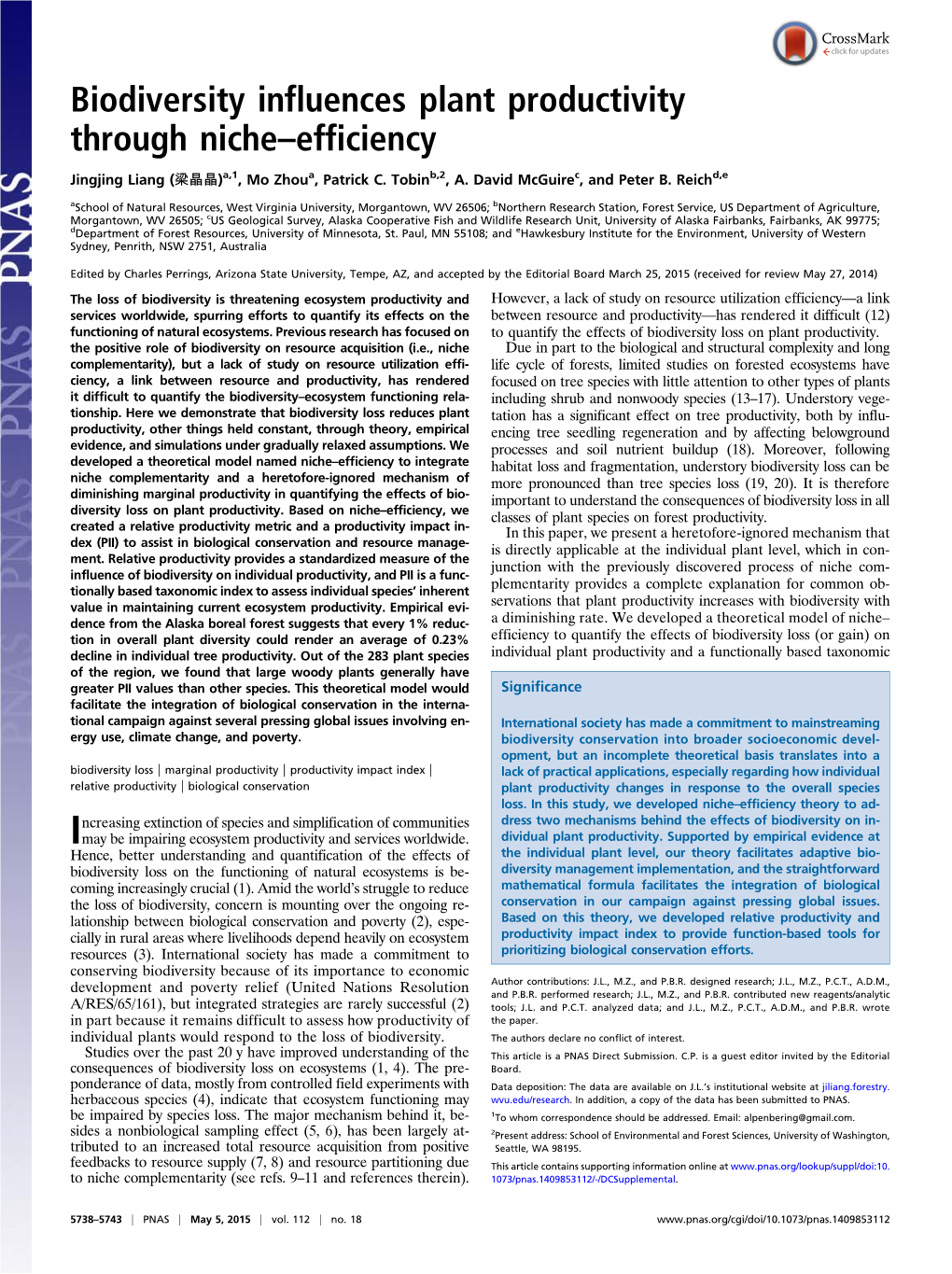 Biodiversity Influences Plant Productivity Through Niche–Efficiency