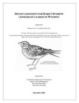 Species Assessment for Baird's Sparrow (Ammodramus Bairdii) in Wyoming
