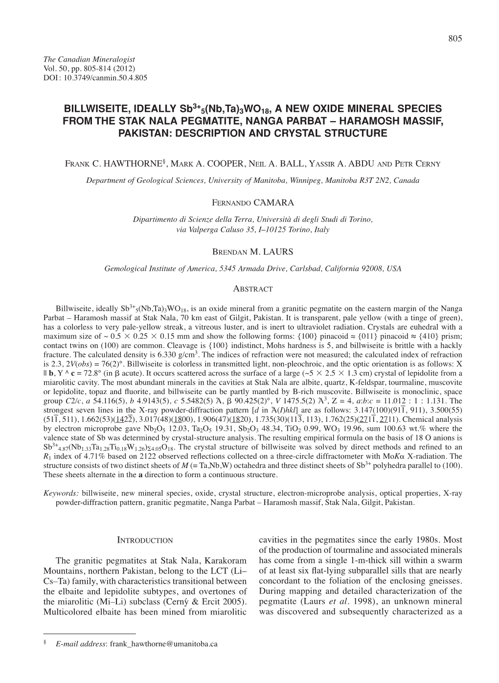 BILLWISEITE, IDEALLY Sb3+ 5(Nb,Ta)3WO18, a NEW