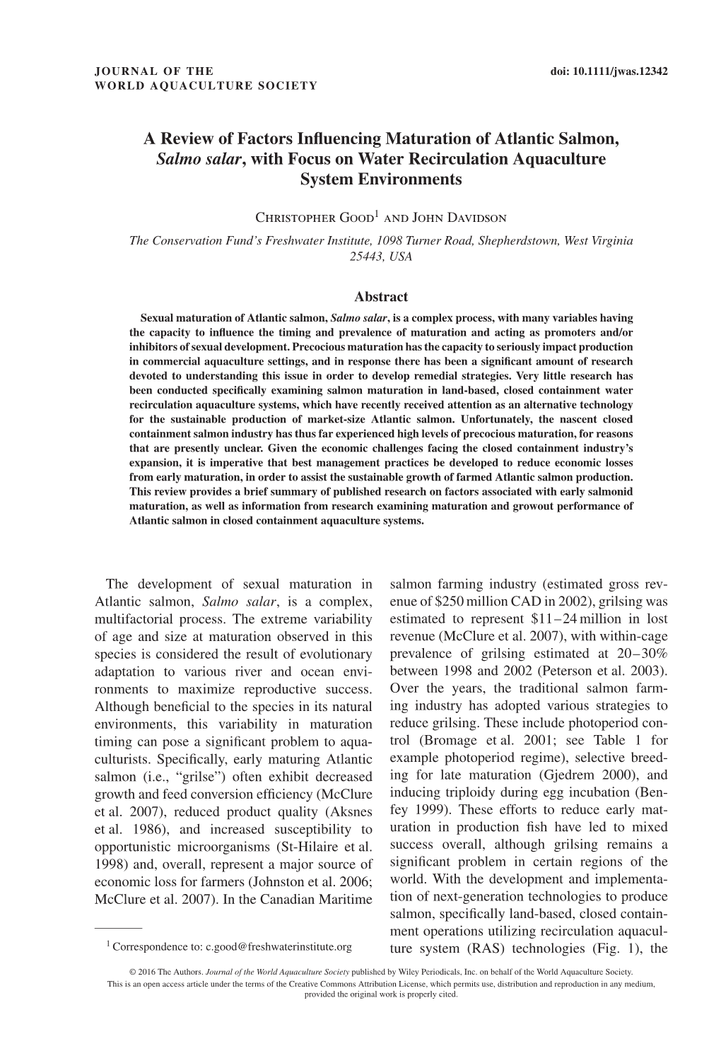 A Review of Factors Influencing Maturation of Atlantic Salmon, Salmo Salar, with Focus on Water Recirculation Aquaculture System Environments