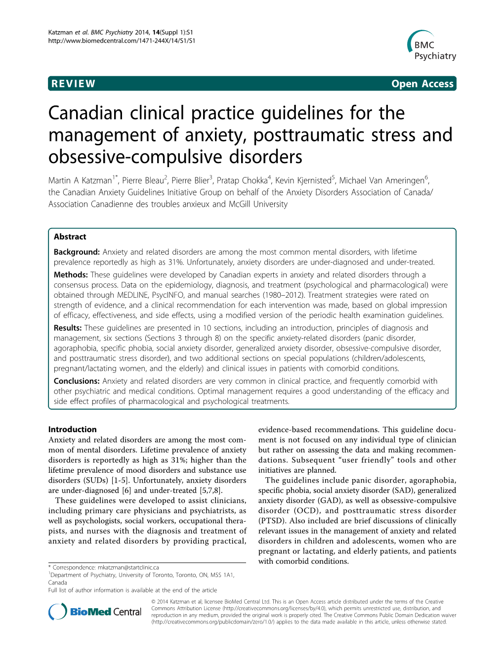 Canadian Clinical Practice Guidelines for the Management of Anxiety