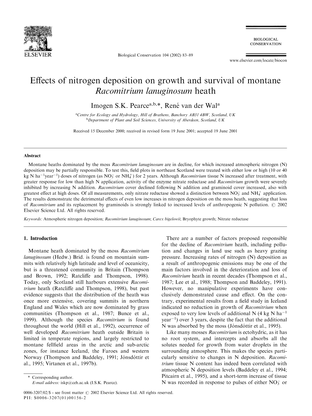 Effects of Nitrogen Deposition on Growth and Survival of Montane