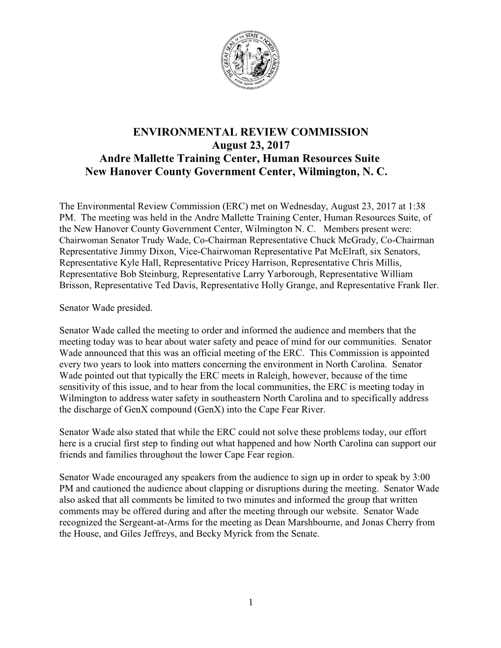 ENVIRONMENTAL REVIEW COMMISSION August 23, 2017 Andre Mallette Training Center, Human Resources Suite New Hanover County Government Center, Wilmington, N