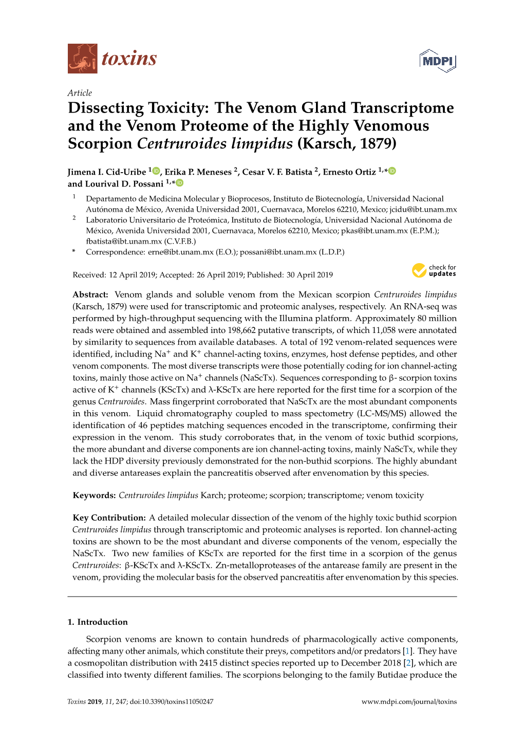 The Venom Gland Transcriptome and the Venom Proteome of the Highly Venomous Scorpion Centruroides Limpidus (Karsch, 1879)