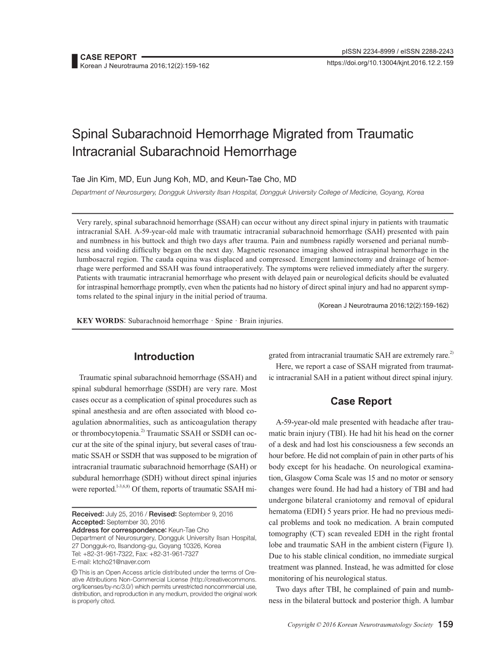 Spinal Subarachnoid Hemorrhage Migrated from Traumatic Intracranial Subarachnoid Hemorrhage