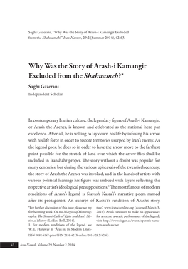 Why Was the Story of Arash-I Kamangir Excluded from the Shahnameh?” Iran Nameh, 29:2 (Summer 2014), 42-63