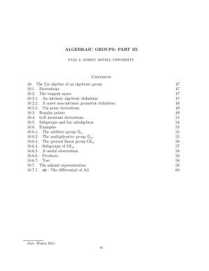 ALGEBRAIC GROUPS: PART III Contents 10. the Lie Algebra of An