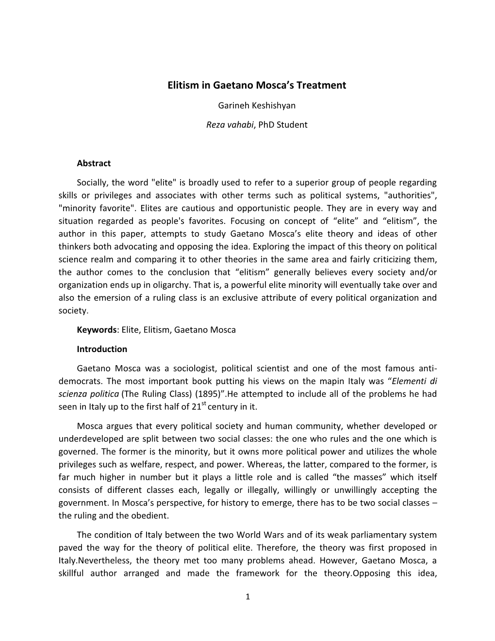 Elitism in Gaetano Mosca's Treatment