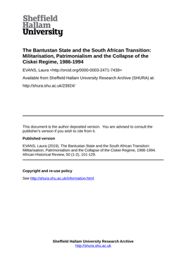 The Bantustan State and the South African Transition: Militarisation